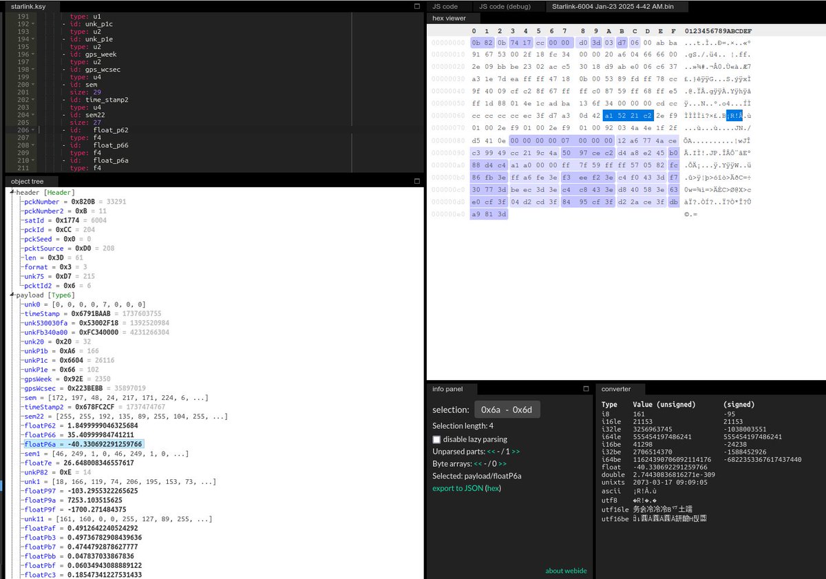 G4lile0's tweet image. Reverse engineering of new 🛰 Starlink packets telemetry IDs reveals a significant number of float numbers. 🤔 #tinyGS