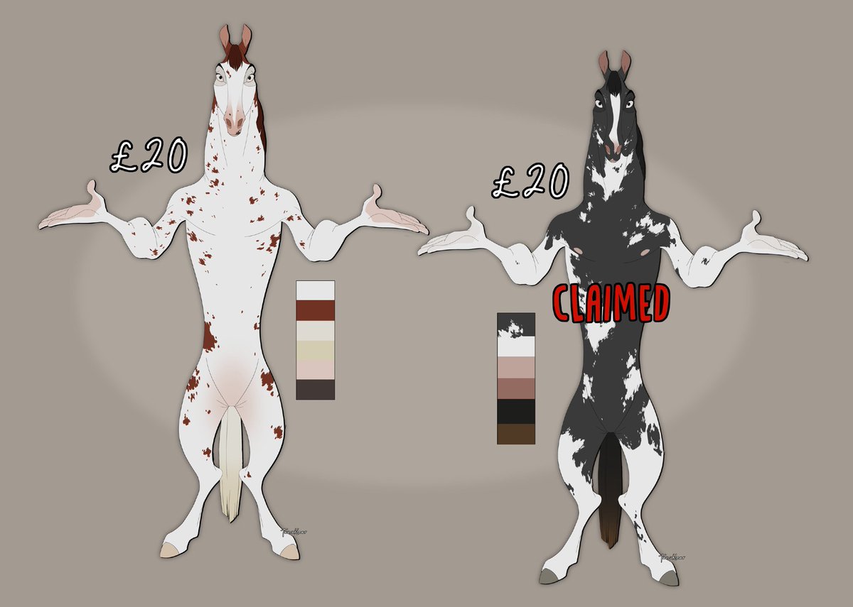I decided to make some horse adopts on my new base!   These guys each come with a mini-ref featuring their name (And racing name if you want!), breed, and pronouns.  
They can also come with a version wearing a racing mask!

Each is 💷20! 
Comment to claim!