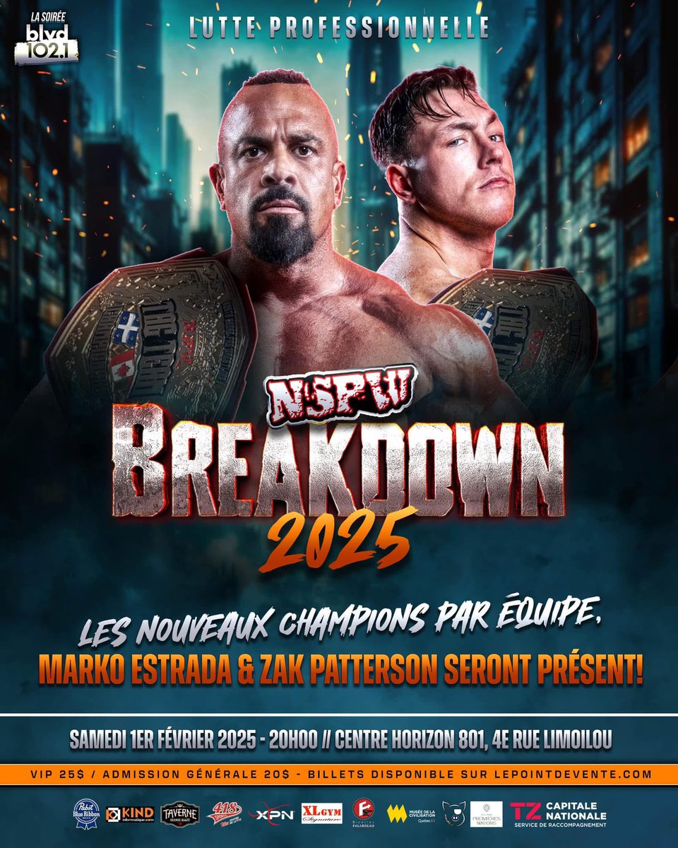 NSPW's tweet photo. Voici les combats annoncés jusqu’à présent pour BREAK DOWN le 1er février au Centre Horizon 🔥 

🎟️ https://t.co/j5ojp2DWop
🖥️ @indiewrestling (utilise le code promo NSPW) : https://t.co/OoCttdn9n9 https://t.co/8i99NrQYjw