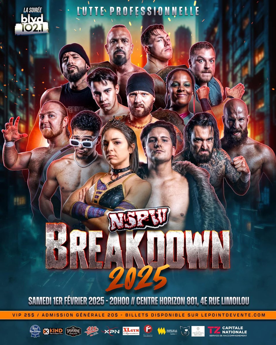 NSPW's tweet photo. Voici les combats annoncés jusqu’à présent pour BREAK DOWN le 1er février au Centre Horizon 🔥 

🎟️ https://t.co/j5ojp2DWop
🖥️ @indiewrestling (utilise le code promo NSPW) : https://t.co/OoCttdn9n9 https://t.co/8i99NrQYjw