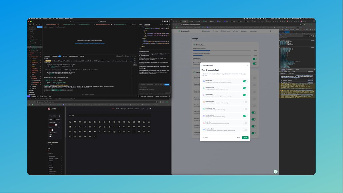 TimoBuilds_'s tweet photo. Made great progress today:

1. Created the database for ergonomic tools and integrated it into the frontend.
2. Advanced the profile assistant for onboarding.
3. Polished the main feature, the timer.

It’s all coming together!  @ergonomify 🚀 https://t.co/UGsiubjK94