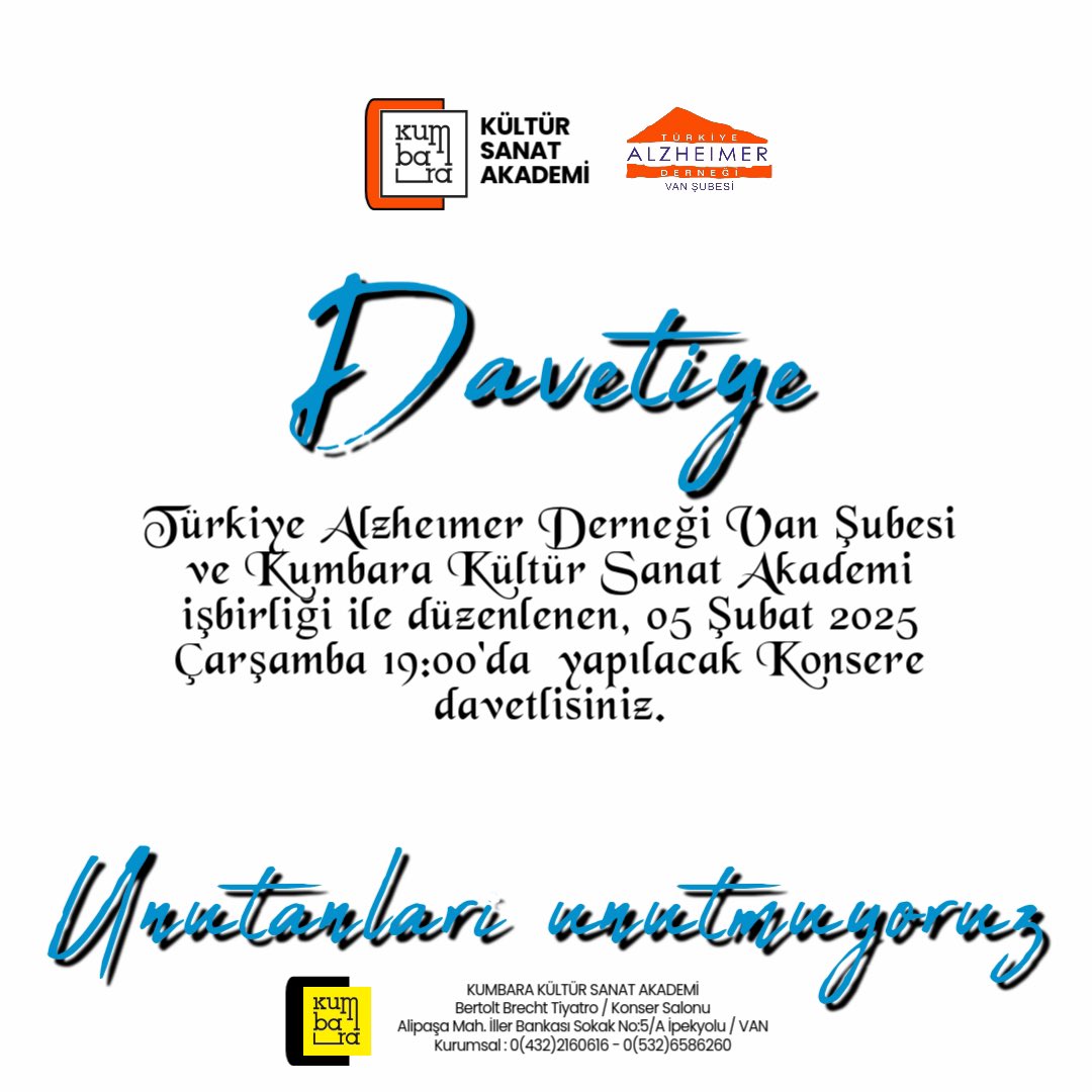 “UNUTANLARI UNUTMUYORUZ”
Türkiye Alzheimer Derneği Van Şubesi yararın yapacağımız bu farkındalık projesine katkılarınızı bekliyoruz!

05 Şubat 2025 / Çarşamba / 19:00’da Alanında uzman, Doç. Dr. Caner Baydar ve Gerantolog Cüneyt Güven’in konuşmacı olarak katılıyor. Bekleriz