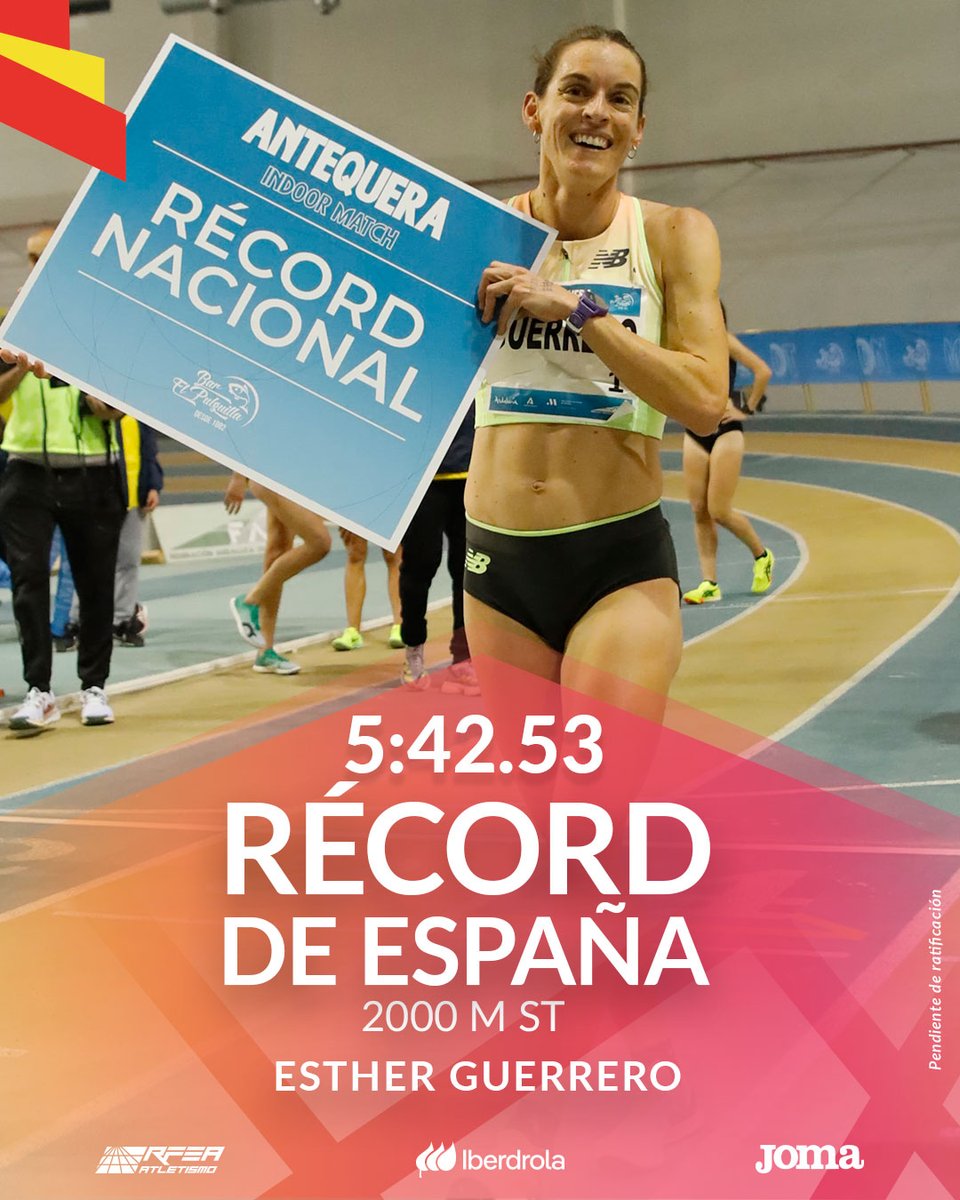 Más y más récords en el Antequera Indoor Match
<a href="/DesafioNerja/">Meetings Desafío ®️</a>

<a href="/estherrguerrero/">Esther Guerrero</a> 5⃣:4⃣2⃣.5⃣3⃣
Récord de  🇪🇸  2000 m ST  

(anterior 5:43.33 de  @MartaGGMA en 2024) 
Suma su 5º R.ESP en short track ... y en total 7