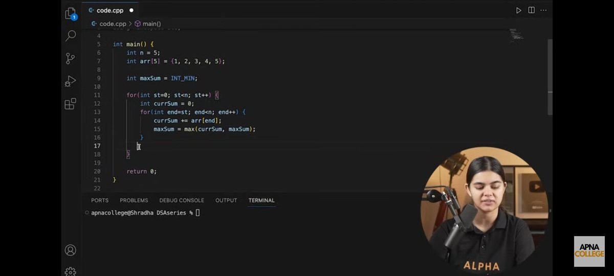 saransh_dutta's tweet image. 🔥 Kadane's Algorithm—the ultimate hack for finding the Maximum Subarray Sum! 🧠 Mastered this game-changing approach in @ShradhaKhapra_ Ma'am's DSA Series. Simplifying complex problems, one lecture at a time. 💻✨ #DSAinCPP #LearningJourney #Array