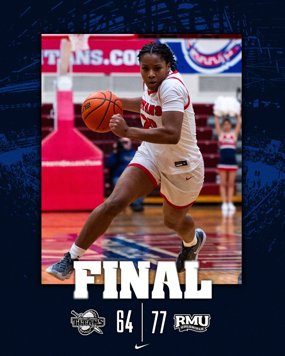 Detroit_WBB's tweet image. Titans come up short in #HLWBB action vs RMU today at Calihan Hall 😟
Biggie: 19 pts., 3 ast., 3 stl. 
Q: 17 pts., 5 reb., 5 stl.
Starks: 13 pts., 6 reb. 3-5 3-pt. (career-high)
Jackson: 7 pts.
Up Next: at NKU (Wed., Jan. 29, 7 p.m.)
#DetroitsCollegeTeam⚔️