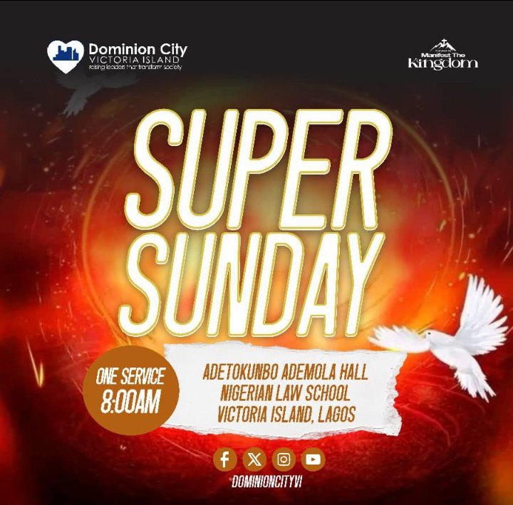 Dominioncityvi's tweet image. We invite you to worship God with us  at #DcService Sunday.

We continue on Manifesting the Kingdom and Growing Exponentially. A growth in one or two areas of life is not complete - total growth entails all areas of life;gear up.

Come with your writing materials.
#DominionCity