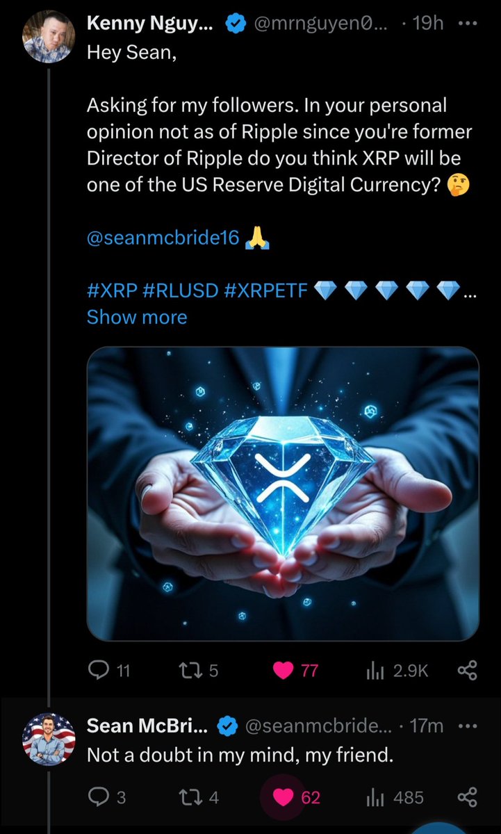 mrnguyen007's tweet photo. 🚨 🚨 BREAKING NEWS:

Former Director of Ripple Sean Mcbride just answered my question. "Not a doubt in my mind, my friend". https://t.co/6q73YMjeFP