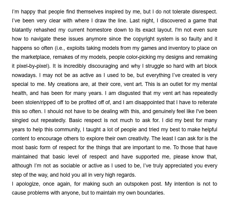 ⬇️Please read⬇️
My art is NOT a data source. If you like my art, please simply support it by leaving a like, buying my clothing, or joining my group. Also, please do not bother calling me a "gatekeeper." I'm tired of the gaslighting and I'm entitled to rights over my own work.⬇️