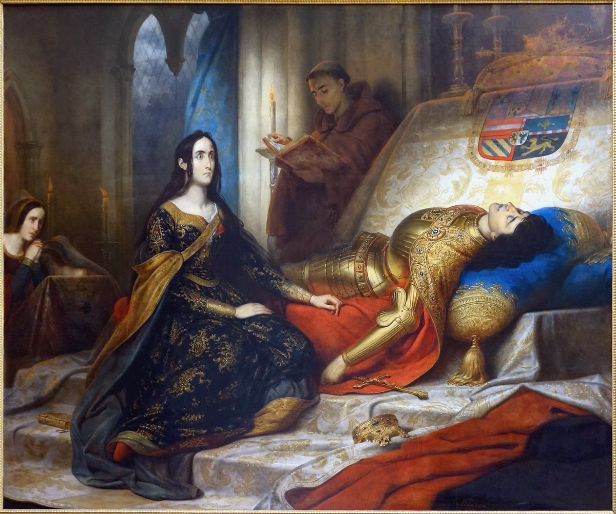 THREAD 🎨⚔️👸| « Jeanne la folle attendant la résurrection attendant la résurrection de Philippe le Beau » de Steuben (1857). 

Elle illustre le tragique destin de Jeanne, dont l'amour démesuré pour son mari Philippe le Beau la conduisit à perdre la raison.  (1/10) ⬇️