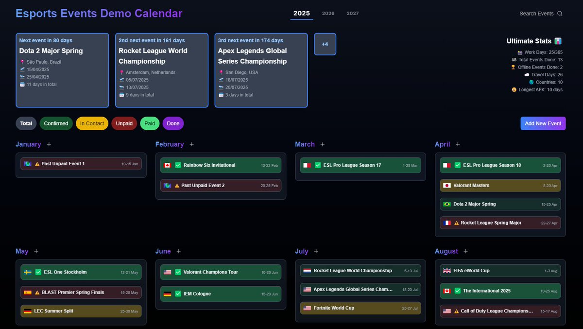 I've been developing a tool that could help organize my events as I felt it was finally time to upgrade from a Google Sheet.

With this, I can add events, edit them, track payments, have different currencies if needed, and keep it personal to me anywhere in the world.

For now,