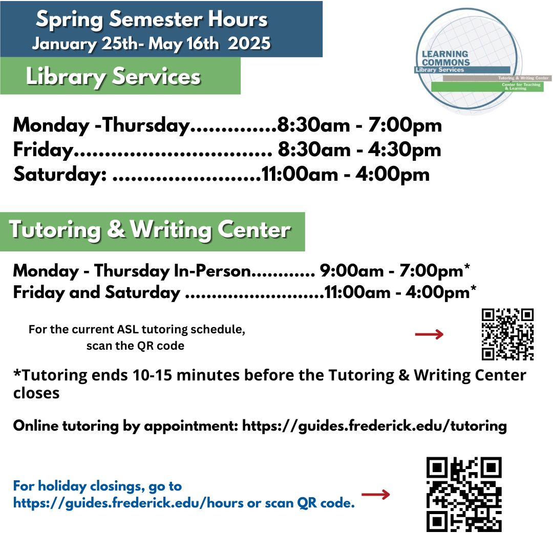 CommonsFcc's tweet photo. Welcome students to spring semester 2025! Check out our hours https://t.co/No9gezTU2T https://t.co/r6Nbj9mqpG