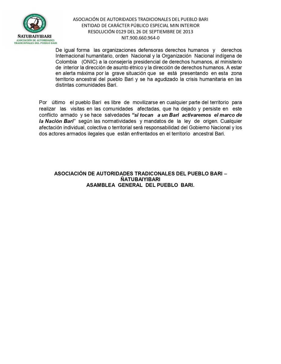 Desde la asamblea general del pueblo Barí.junto con las autoridades tradicionales.rechazamos estos actos violentos causados en nuestro territorio ancestral.leer completo