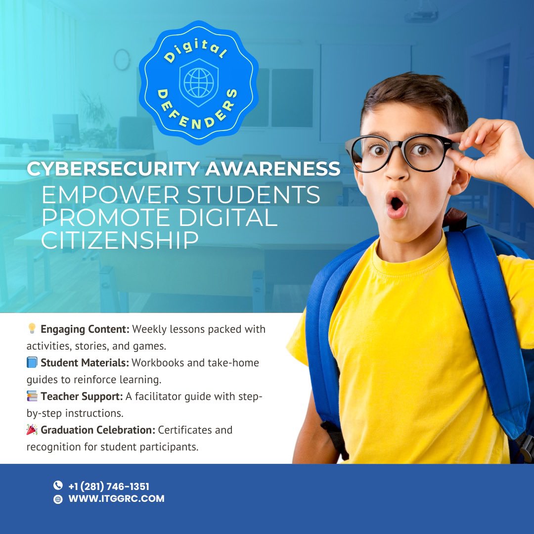 Empower your students to become cyber-smart and digitally responsible with our engaging and educational
8-week program! ITG GRC Consulting is inviting elementary schools &amp; kids programs, to participate in this exclusive pilot program—designed specifically for grades K-5.