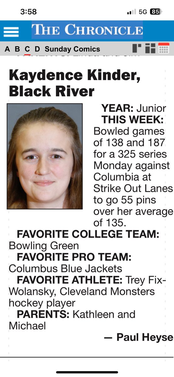 Congratulations Kaydence Chronicle-Telegram bowler of the week!