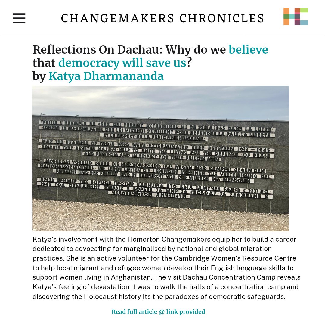 One of our student ambassadors, Katya, had an incredible experience visiting Dachau Concentration Camp. She shares her reflection about her visit along with thoughts on democracy, equality, and human rights.

Read full article: homerton.cam.ac.uk/homersphere/bl…

#homertonchangemakers
