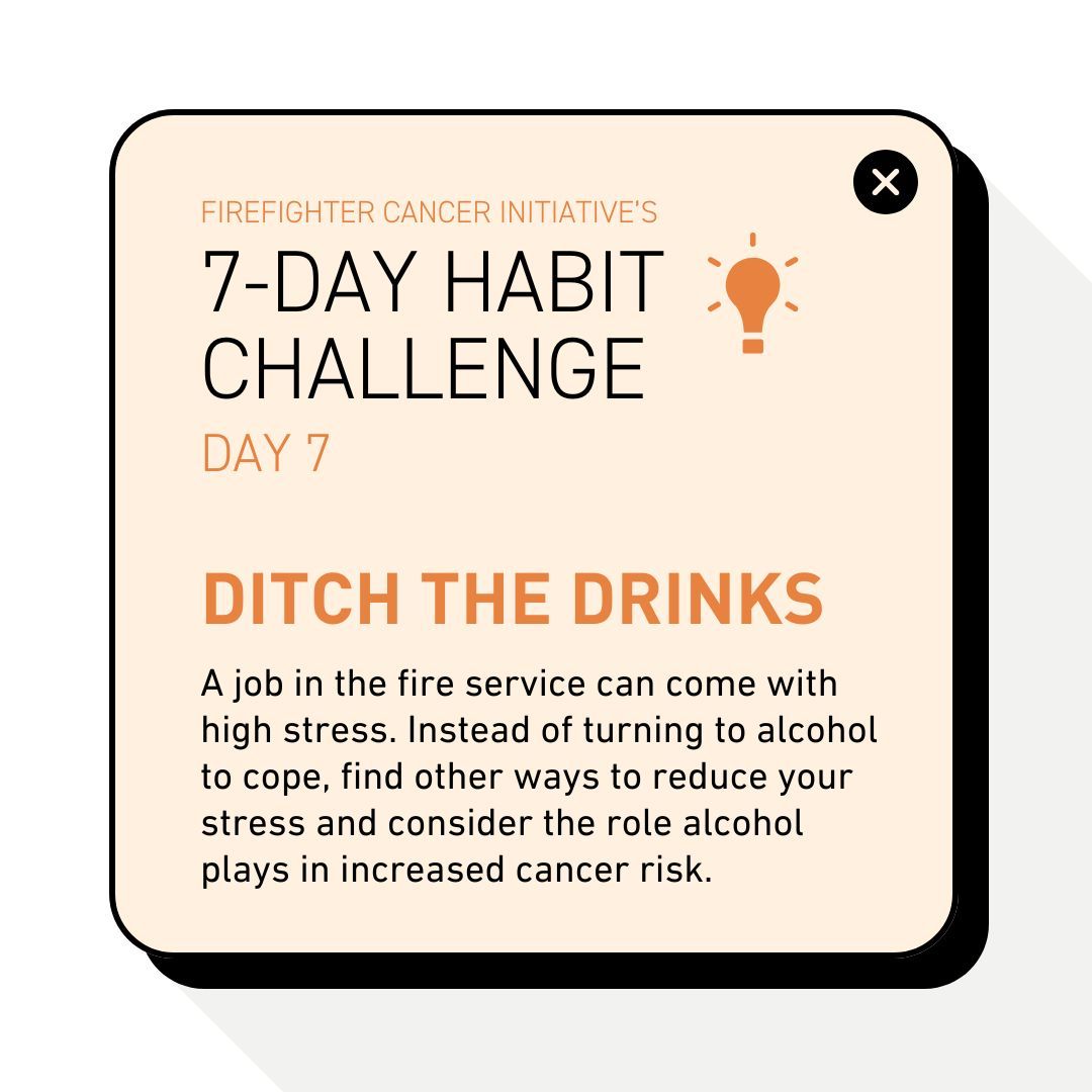 fcifightscancer's tweet image. Unpopular opinion: avoiding alcohol is an easy way to reduce your cancer risk. FCI research showed that nearly half of surveyed firefighters binge drink (5+ drinks for males, 4+ for females). To limit alcohol, think about why you drink in the first place. #FCI7DayChallenge #FFCAM
