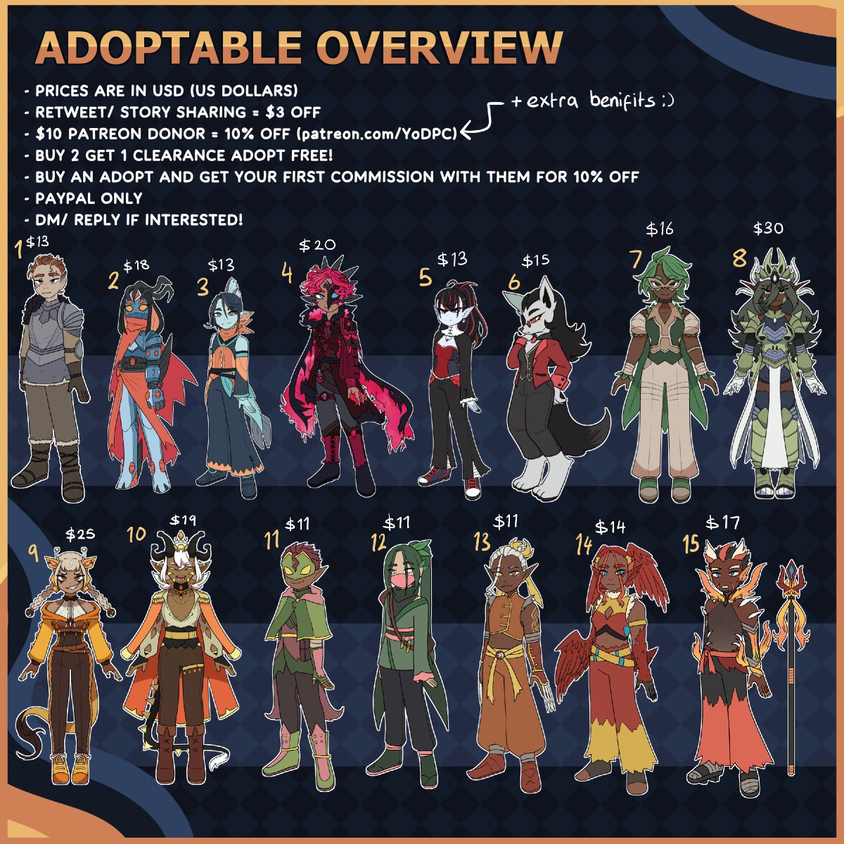 DPC_Adopts's tweet image. 《ADOPTABLES OVERVIEW》

Finally getting back into the swing of adopts again-- and giving a big discount for the wait!

Clearance adopts are available til the next time i make an overview, after which they&apos;ll be gone forever (or until i revamp their designs lol)

#adoptable #oc
