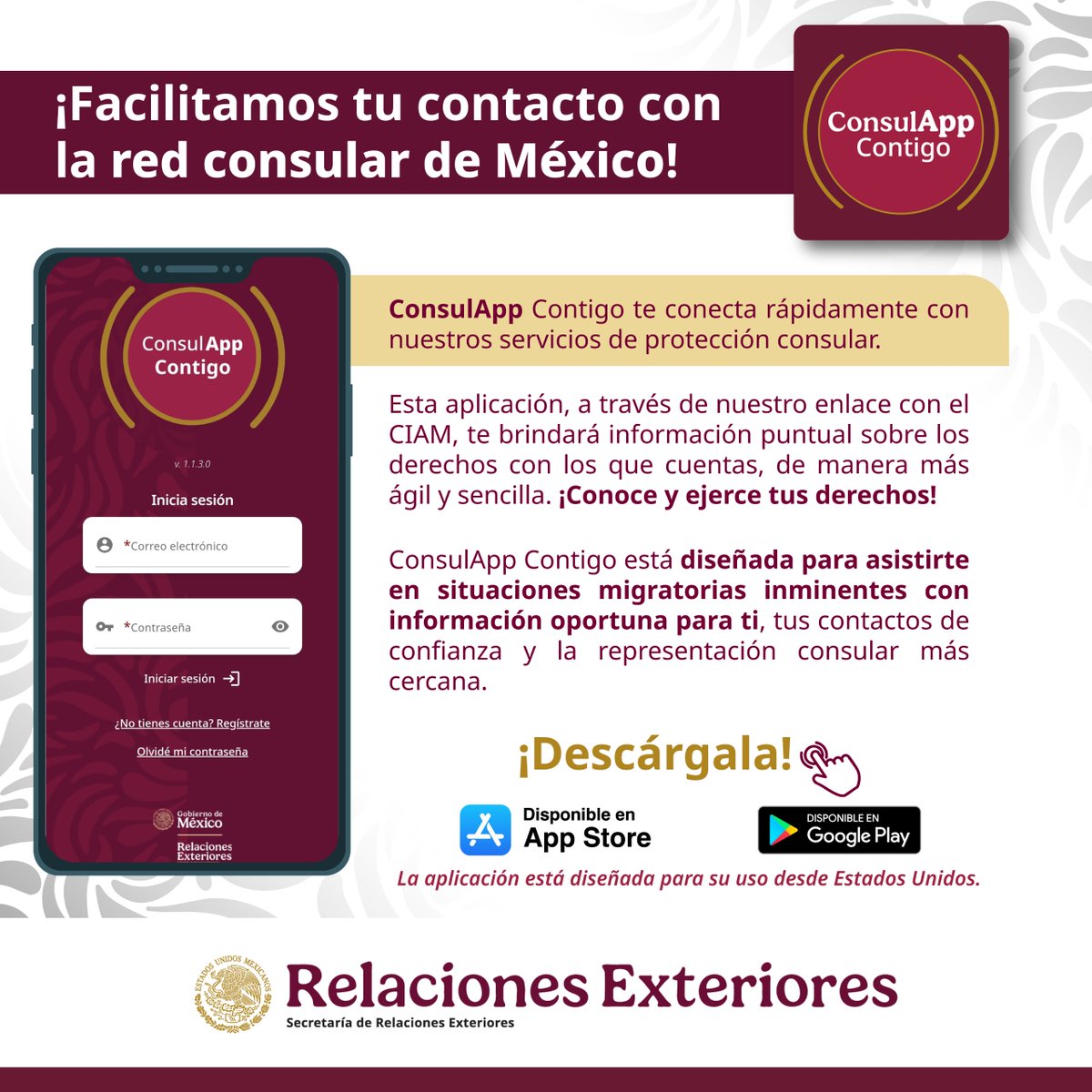 ConsulMexEag's tweet photo. ConsulApp te conecta rápidamente con nuestros servicios de protección consular. 📱✔️
ConsulApp Contigo ofrece las siguientes ventajas:
- Botón de contacto.
- Conoce tus derechos.
- Contacto(s) de emergencia.
- Mapa de oficinas consulares.
@vcalva
#Protecciónconsular
#CIAM https://t.co/pqXy1QYZ4x