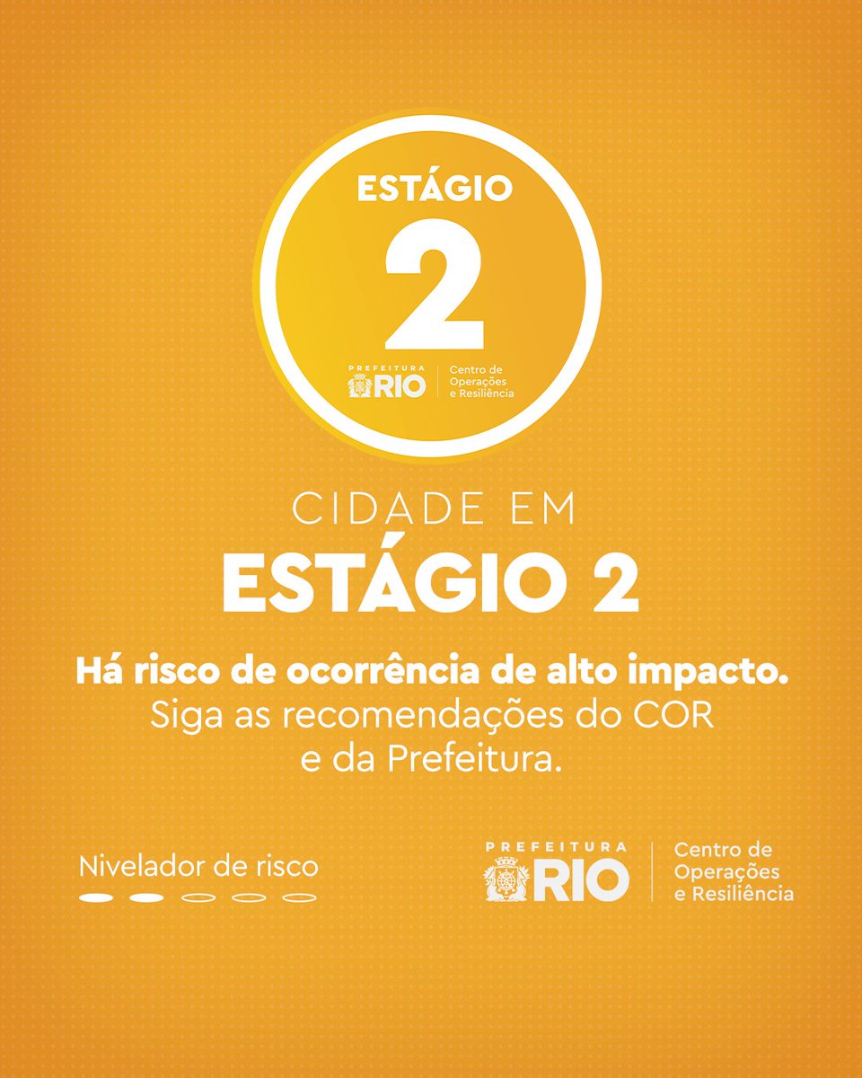 OperacoesRio's tweet photo. MUNICÍPIO DO RIO ENTROU NO ESTÁGIO 2 ÀS 18h10 DESTE SÁBADO (25/01/2025)

O Centro de Operações e Resiliência da Prefeitura do Rio informa que o município do Rio de Janeiro entrou no ESTÁGIO 2 às 18h10 deste sábado, dia 25 de janeiro de 2025, devido aos impactos provocados pela chuva que atingiu vários pontos da cidade na última hora.

Saiba mais: https://t.co/n1dA9lNI9X