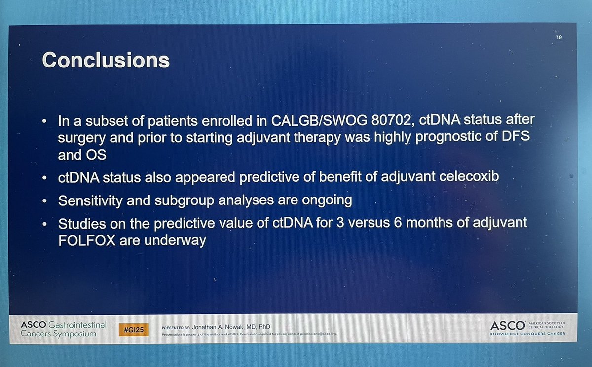 Jun Gong (@jgong15) on Twitter photo <a href="/jonathan_nowak/">Jonathan A. Nowak</a> #ctDNA analysis of CALGB 80702 adj #celecoxib + FOLFOX in resected, stage III #coloncancer ➡️ <a href="/NateraOncology/">Natera Oncology</a> ctDNA status (18.4%+ post-op) prognostic for DFS. ctDNA+ associated w/DFS & OS benefit w/celecoxib vs placebo <a href="/ASCO/">ASCO</a> #GI25
<a href="/OncoAlert/">OncoAlert</a> <a href="/jonathan_nowak/">Jonathan A. Nowak</a> #ctDNA analysis of CALGB 80702 adj #celecoxib + FOLFOX in resected, stage III #coloncancer ➡️ <a href="/NateraOncology/">Natera Oncology</a> ctDNA status (18.4%+ post-op) prognostic for DFS. ctDNA+ associated w/DFS & OS benefit w/celecoxib vs placebo <a href="/ASCO/">ASCO</a> #GI25
<a href="/OncoAlert/">OncoAlert</a>