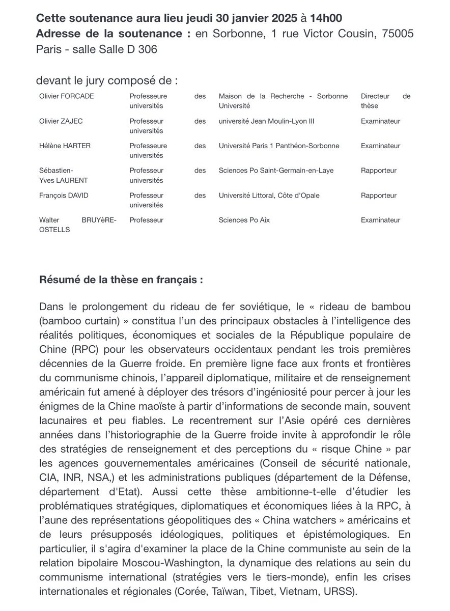 Le 30 janvier, Boris Delagenière soutiendra sa thèse d’histoire: 
« L'aigle et le dragon. Le renseignement extérieur américain face à la Chine maoïste (1947-1976) »
Direction : Olivier Forcade