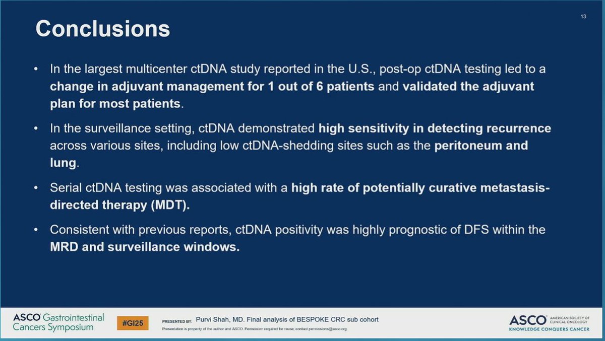 Updated data from Dr. Purvl Shah re: BESPOKE trial re: role of #ctDNA and the impact on decision making in stage II/III #coloncancer disease.  <a href="/NateraOncology/">Natera Oncology</a> @asco #ASCOGI25 #cancer #cancerresearch <a href="/OncoAlert/">OncoAlert</a>