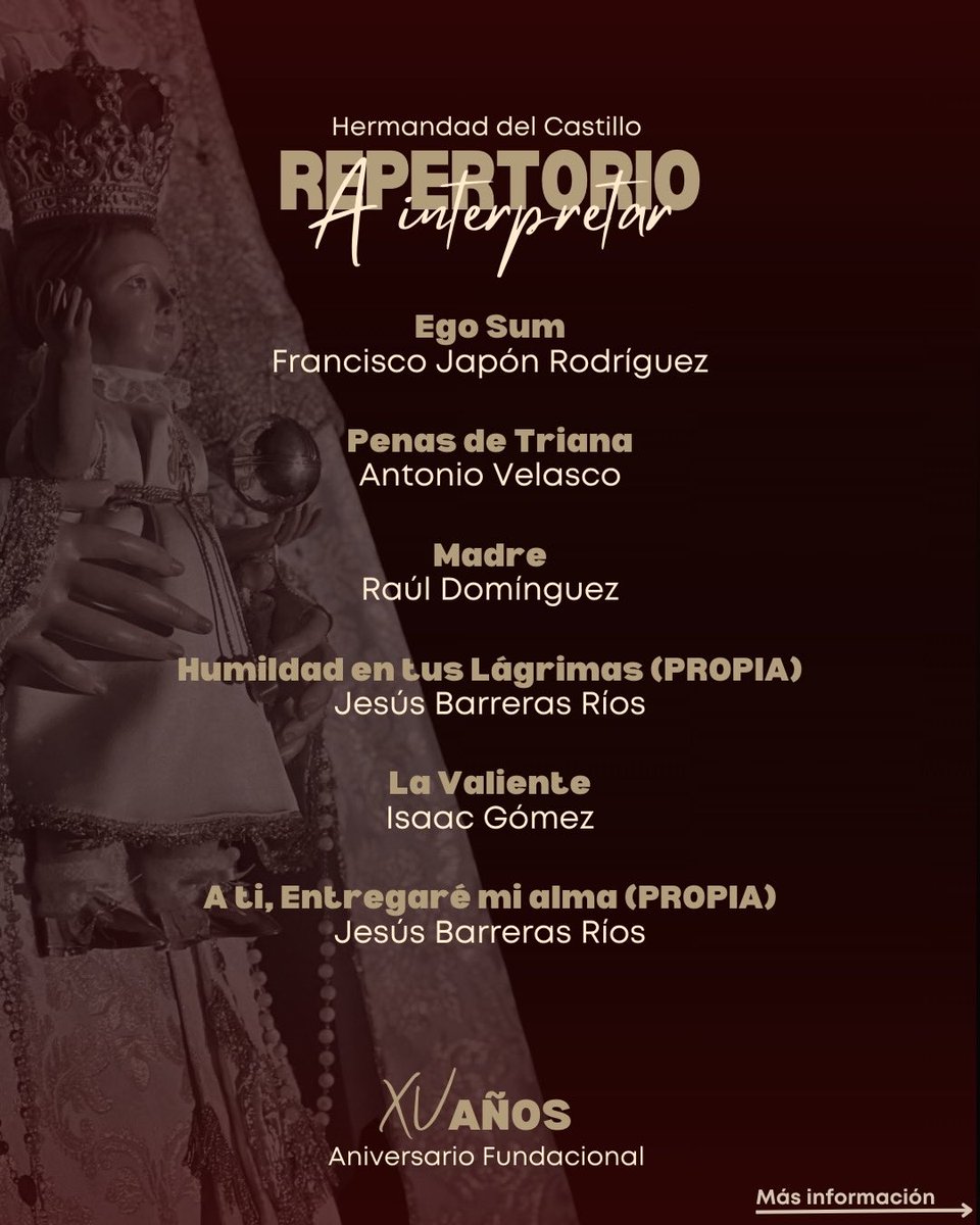 ccttays's tweet photo. 🗓️  𝐂𝐎𝐍𝐂𝐈𝐄𝐑𝐓𝐎 / Hdad del castillo 

Mañana 26 de Enero a las 12:00h ofreceremos un Concierto en honor a los 𝐒𝐚𝐠𝐫𝐚𝐝𝐨𝐬 𝐓𝐢𝐭𝐮𝐥𝐚𝐫𝐞𝐬 de nuestra querida Hermandad del Castillo. 

➡️ Visualiza toda la información y detalles que tendrá nuestra actuación. https://t.co/hGMOjzOgMx