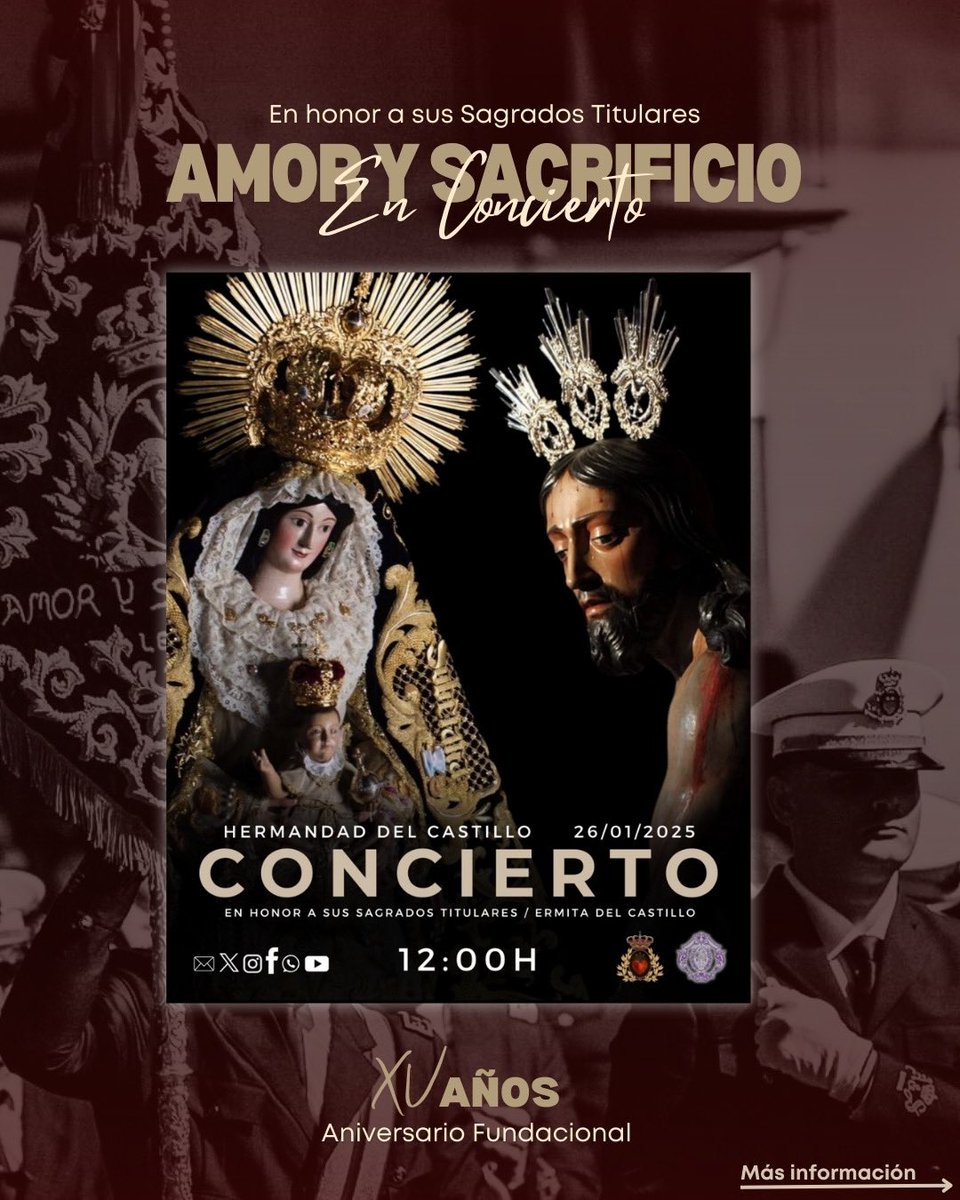 ccttays's tweet photo. 🗓️  𝐂𝐎𝐍𝐂𝐈𝐄𝐑𝐓𝐎 / Hdad del castillo 

Mañana 26 de Enero a las 12:00h ofreceremos un Concierto en honor a los 𝐒𝐚𝐠𝐫𝐚𝐝𝐨𝐬 𝐓𝐢𝐭𝐮𝐥𝐚𝐫𝐞𝐬 de nuestra querida Hermandad del Castillo. 

➡️ Visualiza toda la información y detalles que tendrá nuestra actuación. https://t.co/hGMOjzOgMx