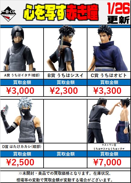 新作 一番くじ 買取価格‼ 1月26日 心を写す赤き瞳 □A賞 うちはイタチ