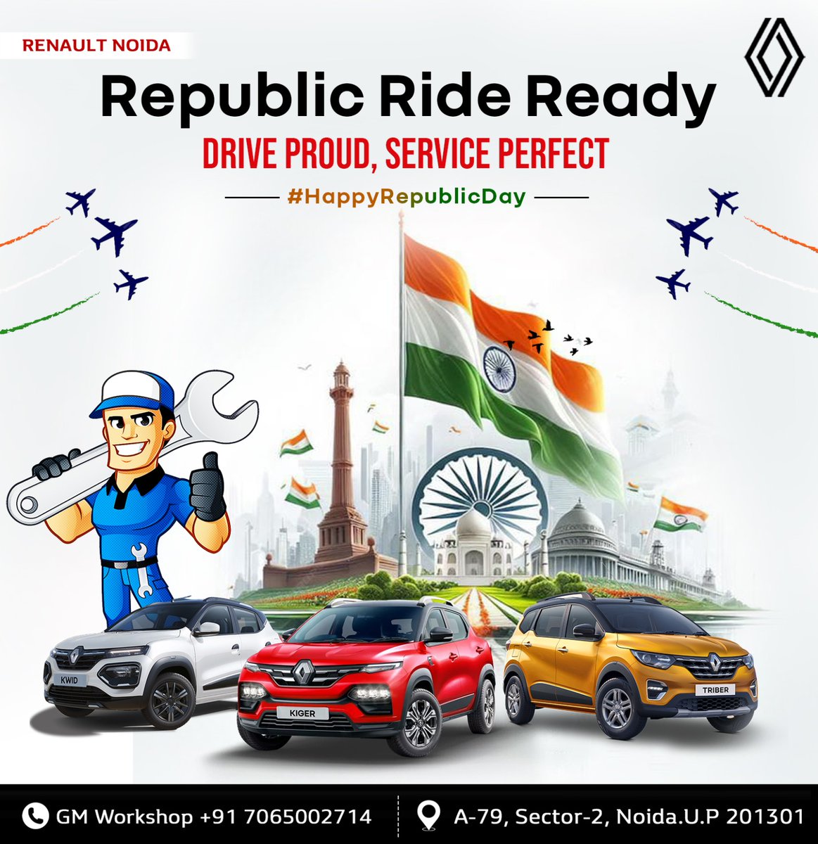 RenaultNoida's tweet photo. 🎉 𝐇𝐚𝐩𝐩𝐲 𝐑𝐞𝐩𝐮𝐛𝐥𝐢𝐜 𝐃𝐚𝐲! 🇮🇳

#HappyRepublicDay to everyone! Let’s honor the spirit of freedom and unity this Republic Day! 
🤗 Jai Hind, Jai Bharat!✨

.
.
#Wishes #26thJanuary #RepublicDay2025 #HappyRepublicDay #JaiHind #ProudToBeIndian #Tricolor #IndianPride https://t.co/yoTCZEcRxI