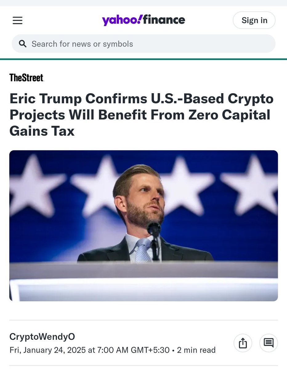 🗞 🇺🇸 Eric Trump has confirmed that U.S.-based crypto projects will  benefit from zero capital gains tax. [https://t.co/NQv2ok2HxE] This could  be a significant opportunity for the #CRYPTO industry, which will boost  crypto