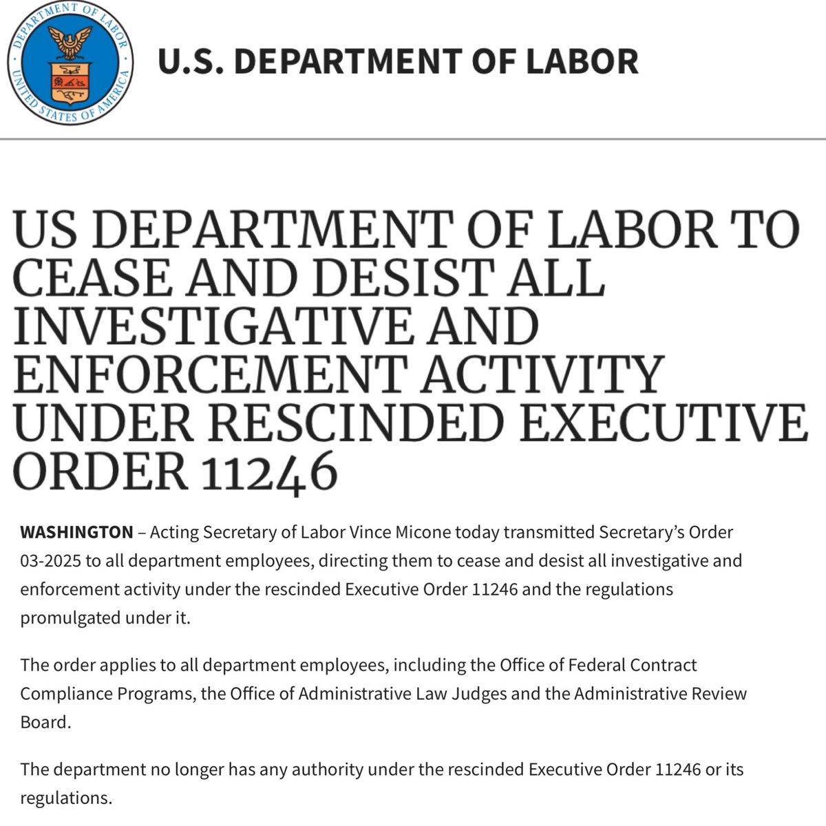 The Department of Labor is ending all investigations and enforcement related to discrimination in the workplace.

This doesn’t promote merit-based work. 
It promotes and protects bigotry.
