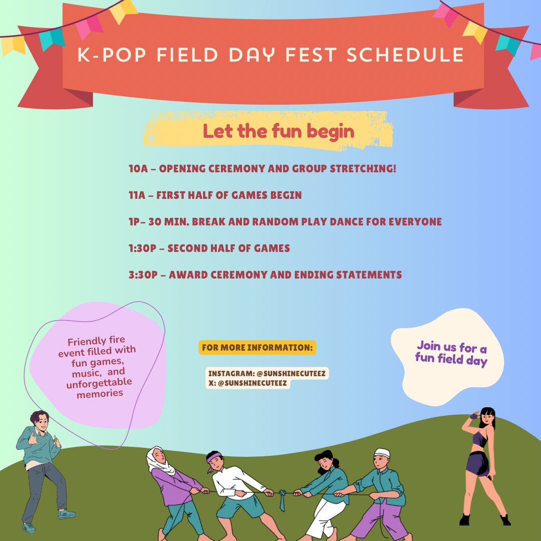 SunshineCuteez's tweet photo. Get ready to bring your energy and love for K-pop at our KPOP Field Day Fest!🌟  

Join us for an unforgettable day packed with exciting games, challenges inspired by your favorite idols, music, and endless fun. 🏆🎶  

Stay tuned for more details and mark your calendars! 🗓✨ https://t.co/GzNAYjamFp
