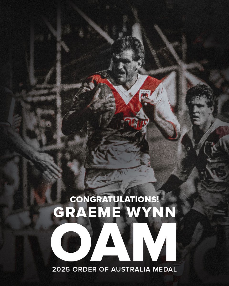The Dragons would like to extend a heartfelt congratulations to St George Dragons legend Graeme Wynn, who was today awarded an Order of Australia Medal for his services to rugby league as a player, coach and administrator.