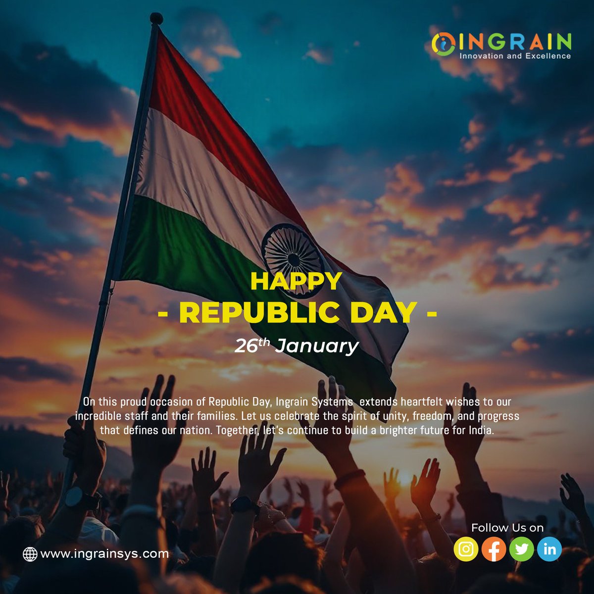 IngrainSystems's tweet photo. Celebrating the spirit of unity, freedom, and pride! 🇮🇳 Let's honor the Constitution that binds us and the heroes who made it possible. Wishing everyone a Happy Republic Day! ✨ Jai Hind! 

#RepublicDay #RepublicDay2025 #RepublicDayIndia #Republic https://t.co/YhgyLQpGZv