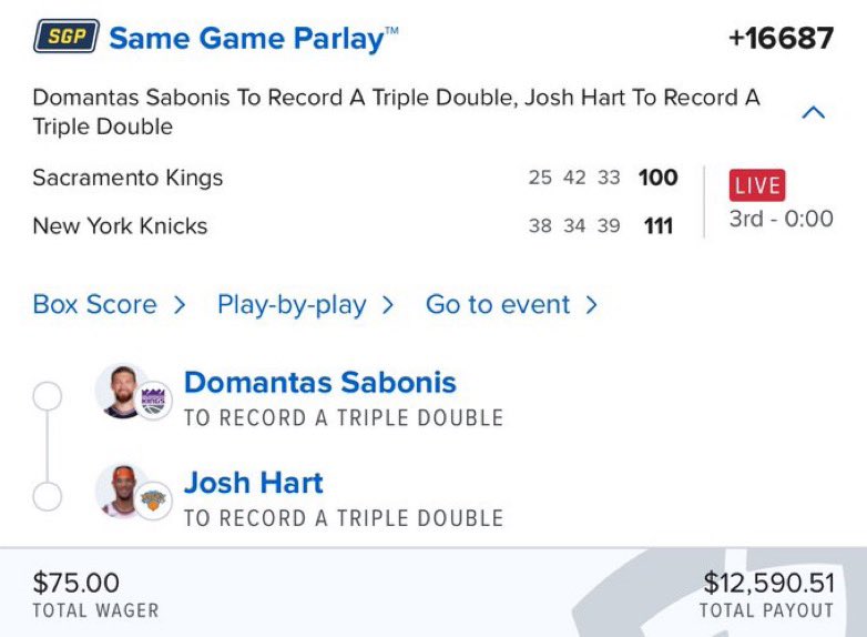 ActionNetworkHQ's tweet photo. 💰 SABONIS + HART TRIPLE-DOUBLES!

$75 ➡️ $12,590

(via @stonedbetting from @ParlayScience | @FDSportsbook) https://t.co/kp4PU3vVDO