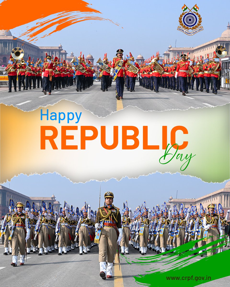 crpfindia's tweet photo. Heartfelt greetings on the 76th Republic Day! 

#CRPF proudly reaffirms its steadfast commitment, enduring dedication, and firm resolve to serving the nation and upholding its cherished ideals. https://t.co/Wp7XLZ02Gs