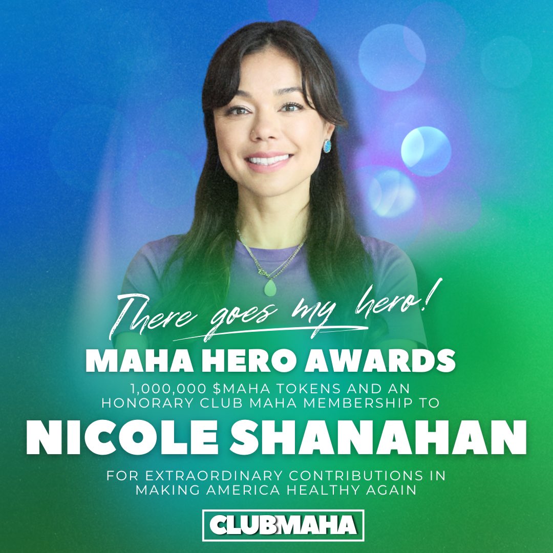 JoinClubMAHA's tweet photo. We are happy to announce Nicole Shanahan as the winner of the MAHA HERO AWARD 🥇 of 1,000,000 $MAHA tokens and a CLUB MAHA membership. 

Today, we celebrate and recognize Nicole Shanahan as a true MAHA Hero.

Here’s why ⬇️
A thread 🧵🪡
1/8