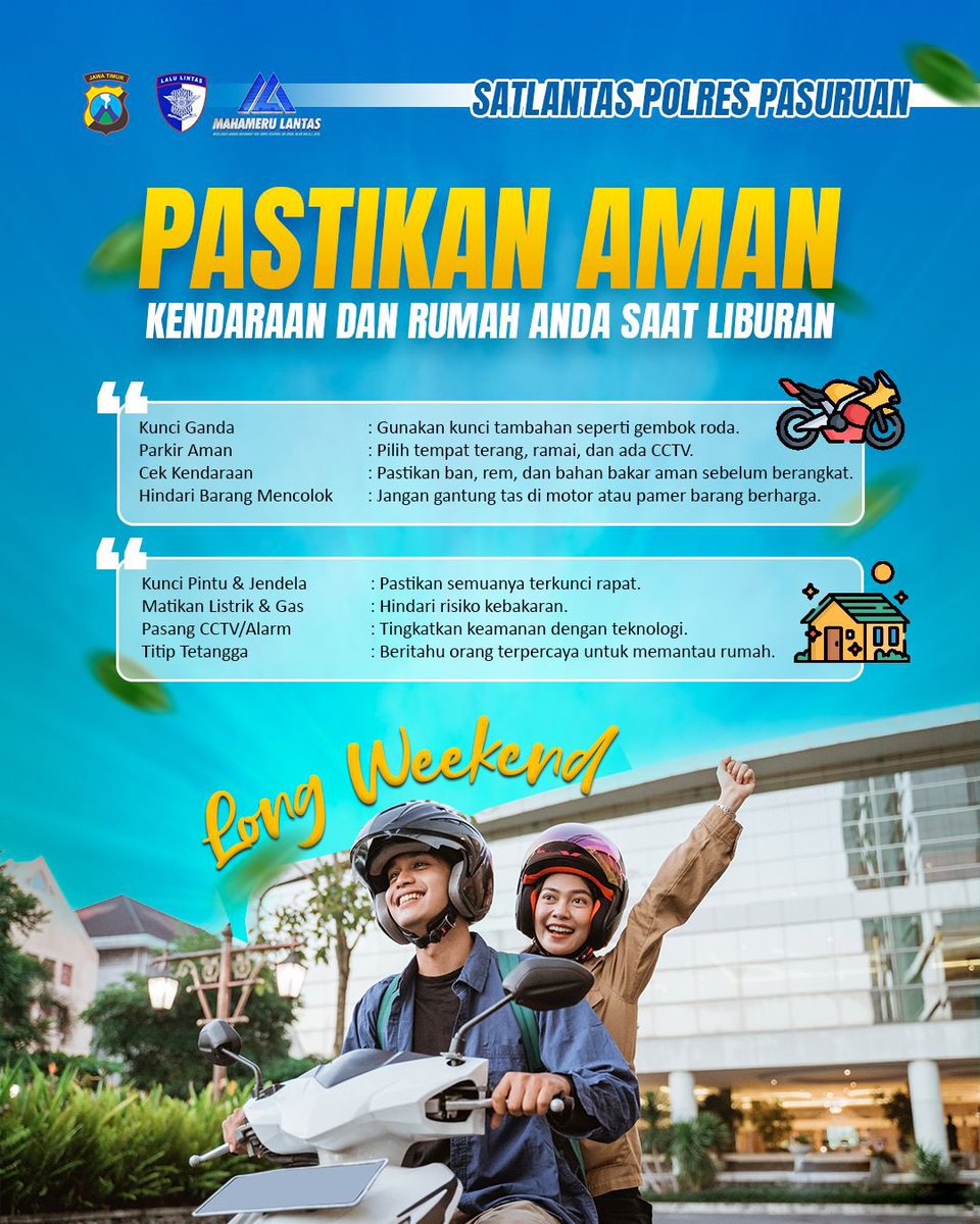 tmc_respas's tweet photo. "Bepergian tenang, rumah aman! 🏡🔒
Kunci rumah rapat, matikan listrik &amp; gas, pasang alarm atau CCTV, dan titipkan ke tetangga terpercaya. Kalau naik motor, cek kendaraan, parkir di tempat aman, dan jangan lupa kunci ganda. 💡✨

#satlantaspolrespasuruan https://t.co/Gsels4RE04