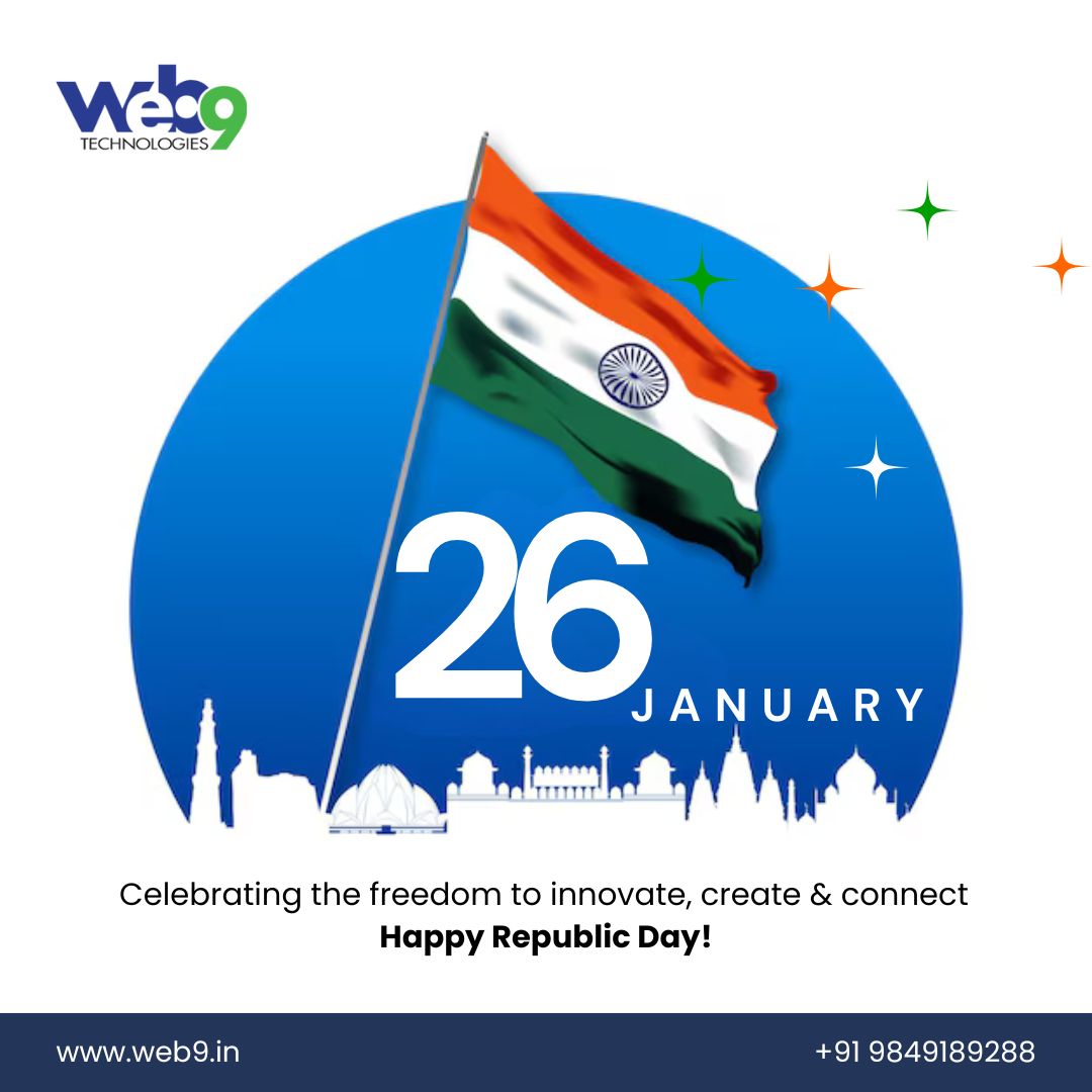web9tech's tweet image. Let’s salute the spirit of innovation, freedom, and progress this Republic Day! 🇮🇳✨ Wishing you a day filled with pride and joy. – Web9 Technologies #RepublicDay #Web9Technologies #DigitalIndia #FreedomToInnovate