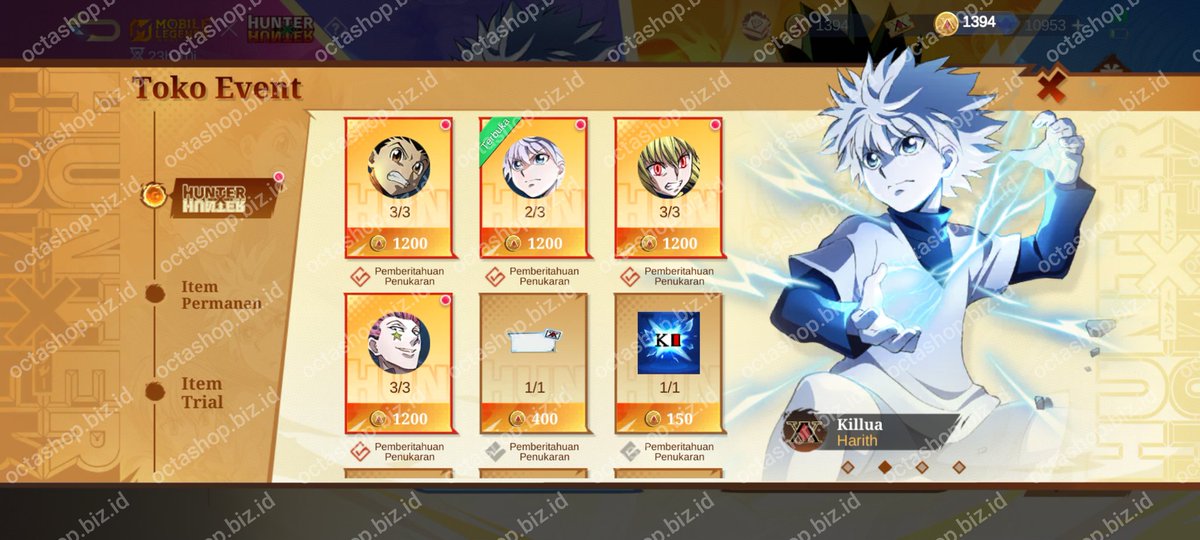 OctaShopMLBB's tweet photo. Open Gift Skin HunterxHunter 

Price: 550k/skin

HxH Harith Killua / Cecilion Hisoka (2 Slot)

Untuk Gon &amp; Kurapika g open karena g niat ambil yaa!

Digift dari akun utama [750+ Skin]
100% Aman dan Legal
Delay 7 day

WA: https://t.co/hBYl5Zjuiv

#zonauang #zonajajan #hxh #MLBB https://t.co/S1NrGFVzLJ