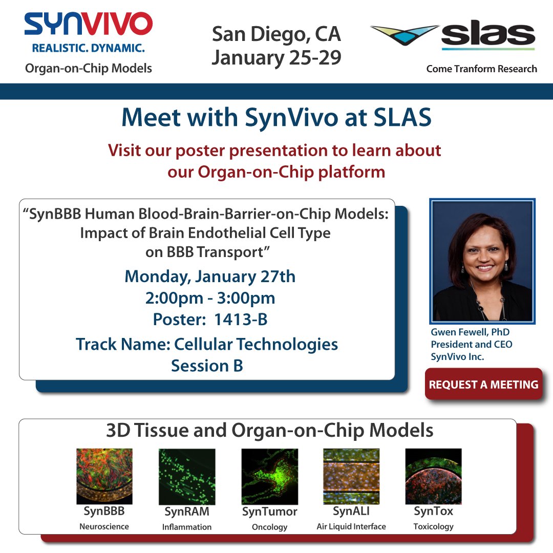 Meet with SynVivo at SLAS 2025. Come by our poster presentation or schedule a meeting to learn more. We look forward to seeing you in Sunny San Diego. #SLAS2025 #synvivobio #SynBBB

Schedule a meeting at info@synvivobio.com.