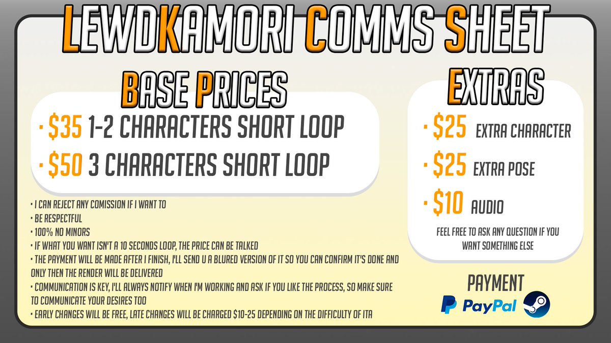 LewdKamori's tweet photo. I'm finally presenting my price sheet!
Feel free to ask anything you want!

As always, thank u so much for making this possible, i love y'all https://t.co/cRdjMPEQtl