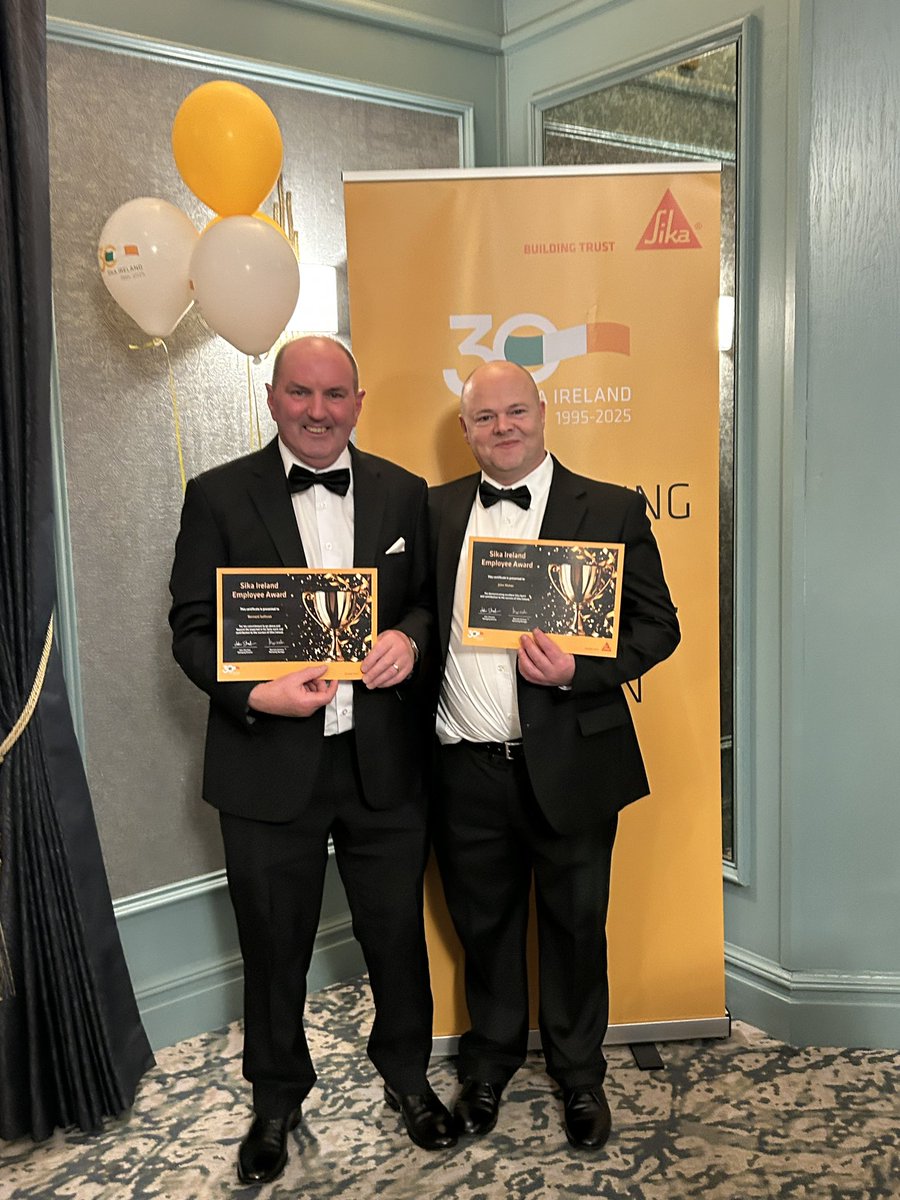SikaIreland's tweet photo. Tonight we celebrated 30 years of hard work by presenting the Sika Employee Awards to team members who show outstanding Sika Spirit and go above and beyond in their work.
Congratulations to Bernard Sullivan and John Maher on these well-deserved awards!
#30YearsofBuildingTrust https://t.co/Uy3UoOFkPl