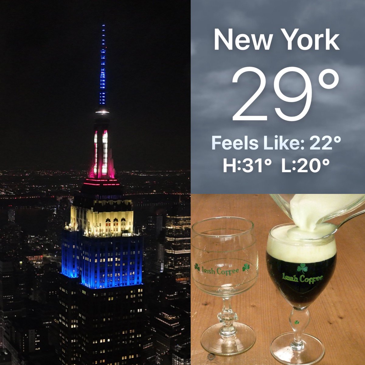 CorinnePulitzer's tweet photo. Sunset was at 5:05PM as gusty winds &amp; frigid temps continue in #NYC w a warmup tomorrow above freezing! The @EmpireStateBldg is lit for @BrooklynNets &amp; #15 @vincecarter’s retirement as #CoffeeFans celebrate #NationalIrishCoffeeDay☘️ @NationalDayCal @NY1weather @HeyWhatDay https://t.co/h2ySK1JOQ1