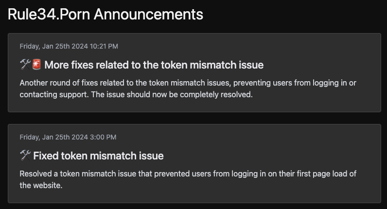 Rule34Official's tweet photo. 🚨🛠️🐞 Website update -> bug fix: 
Resolved token mismatch issues, preventing users from logging in or contacting support.
#Rule34Porn #rule34 https://t.co/KMw19QmAJA