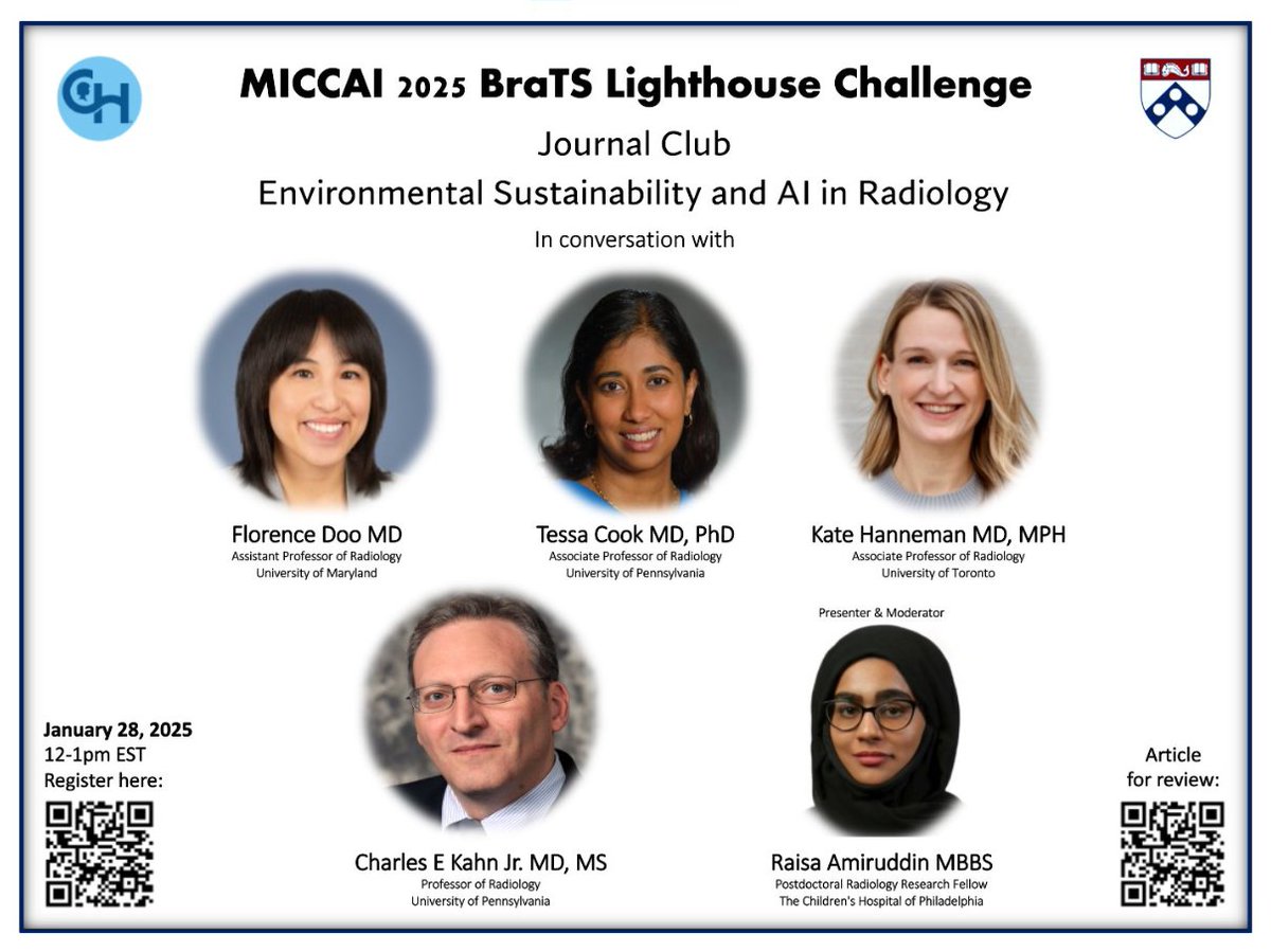 BraTS 2025 Lighthouse Challenge (@brats_mets_2025) on Twitter photo Get ready to hear from the experts!
<a href="/flo_doo/">Flo Doo, MD</a>, <a href="/asset25/">Tessa S. Cook MD PhD CIIP FSIIM FCPP FAAR FACR</a>, <a href="/KateHanneman/">Kate Hanneman</a>, and <a href="/cekahn/">Charles Kahn, MD</a> will discuss how to make radiology workflows sustainable and environmentally friendly in the long term!
Register @ forms.gle/TLHd15oPCFqDtd…
Learn from the incredible minds that authored one of the Get ready to hear from the experts!
<a href="/flo_doo/">Flo Doo, MD</a>, <a href="/asset25/">Tessa S. Cook MD PhD CIIP FSIIM FCPP FAAR FACR</a>, <a href="/KateHanneman/">Kate Hanneman</a>, and <a href="/cekahn/">Charles Kahn, MD</a> will discuss how to make radiology workflows sustainable and environmentally friendly in the long term!
Register @ forms.gle/TLHd15oPCFqDtd…
Learn from the incredible minds that authored one of the