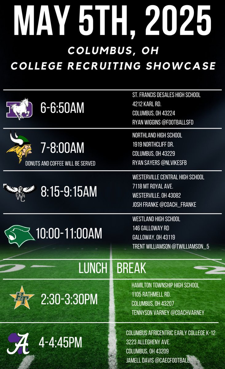 coachSayers50's tweet photo. College coaches, make sure you mark those calendars!! May 5th we will kick off the college showcase week in Central Ohio!! #TheLand 
@FootballSFD @NLVikesFB @Warhawks_WCHS @Jamell__Davis @HTHS_Football https://t.co/a0Mf5OGZ63