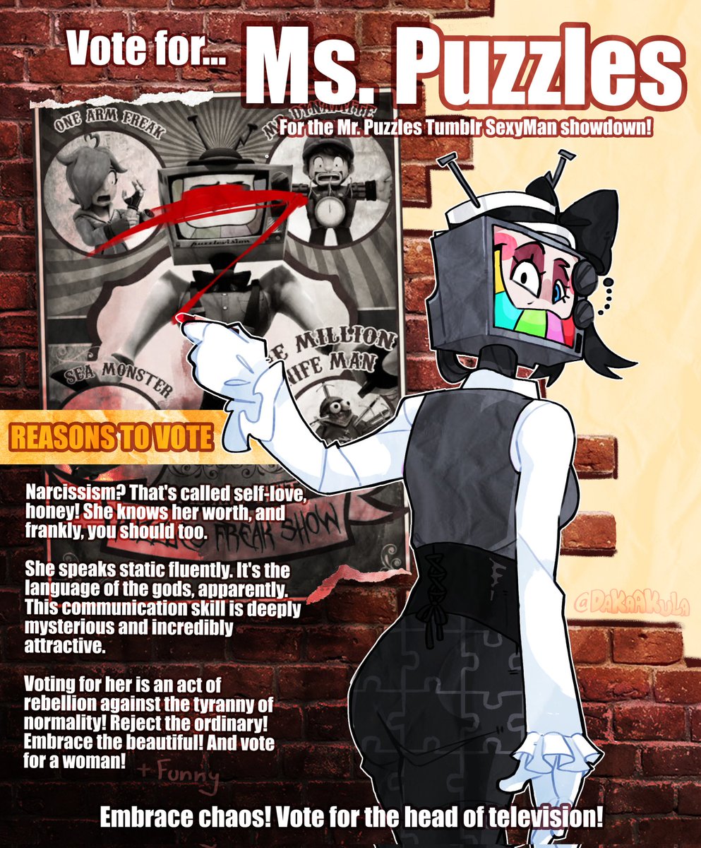 DakaAkula's tweet image. Tumblr will soon host a battle for the title of "Tumbler sexy-puzzles". So here is my propaganda poster in support of my lady
#smg4 #mrpuzzles #mspuzzles #DakaAkula #mspuzzlesau