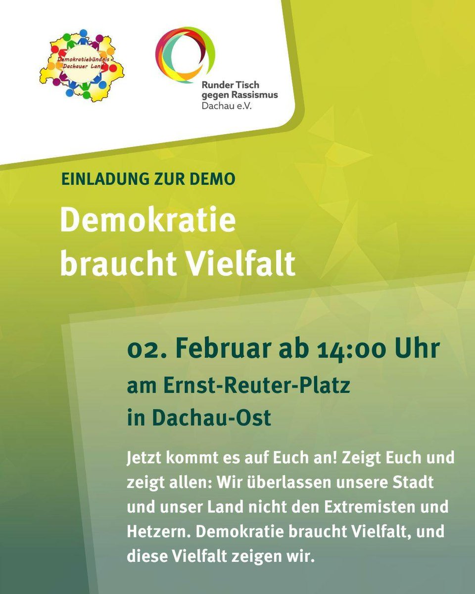 FDachau's tweet photo. Auch #Dachau hat keinen weiteren Bedarf an Faschisten! Hatten wir schon, war sch.... 
Deshalb gehen wir auf die Straße! Für Demokratie! Für Alle! Am 2.Februar ab 14 Uhr, Ernst-Reuther Platz. 
Unterstützt uns- kommt nach DACHAU! 
#WirVergessenNicht 
#WirsindVIELmehr https://t.co/Pb7ELHXZcQ